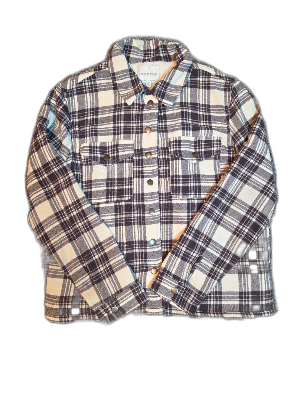 Lucky Brand Womens Plaid Button-Front Shirt Jacket in Cream and Brown